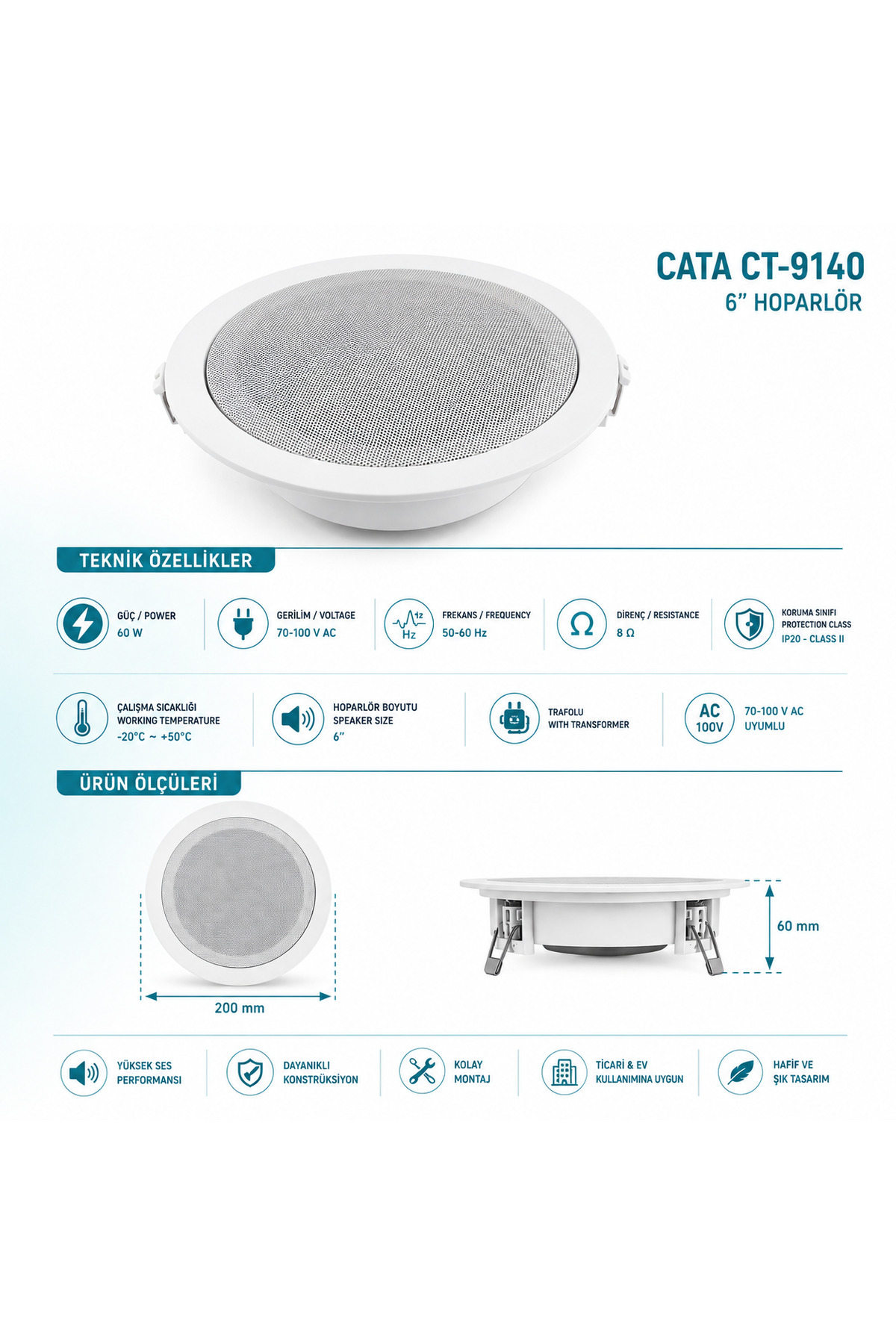 CATA CT-9140 6 İnç 60W Trafolu Sıva Altı Tavan Hoparlörü