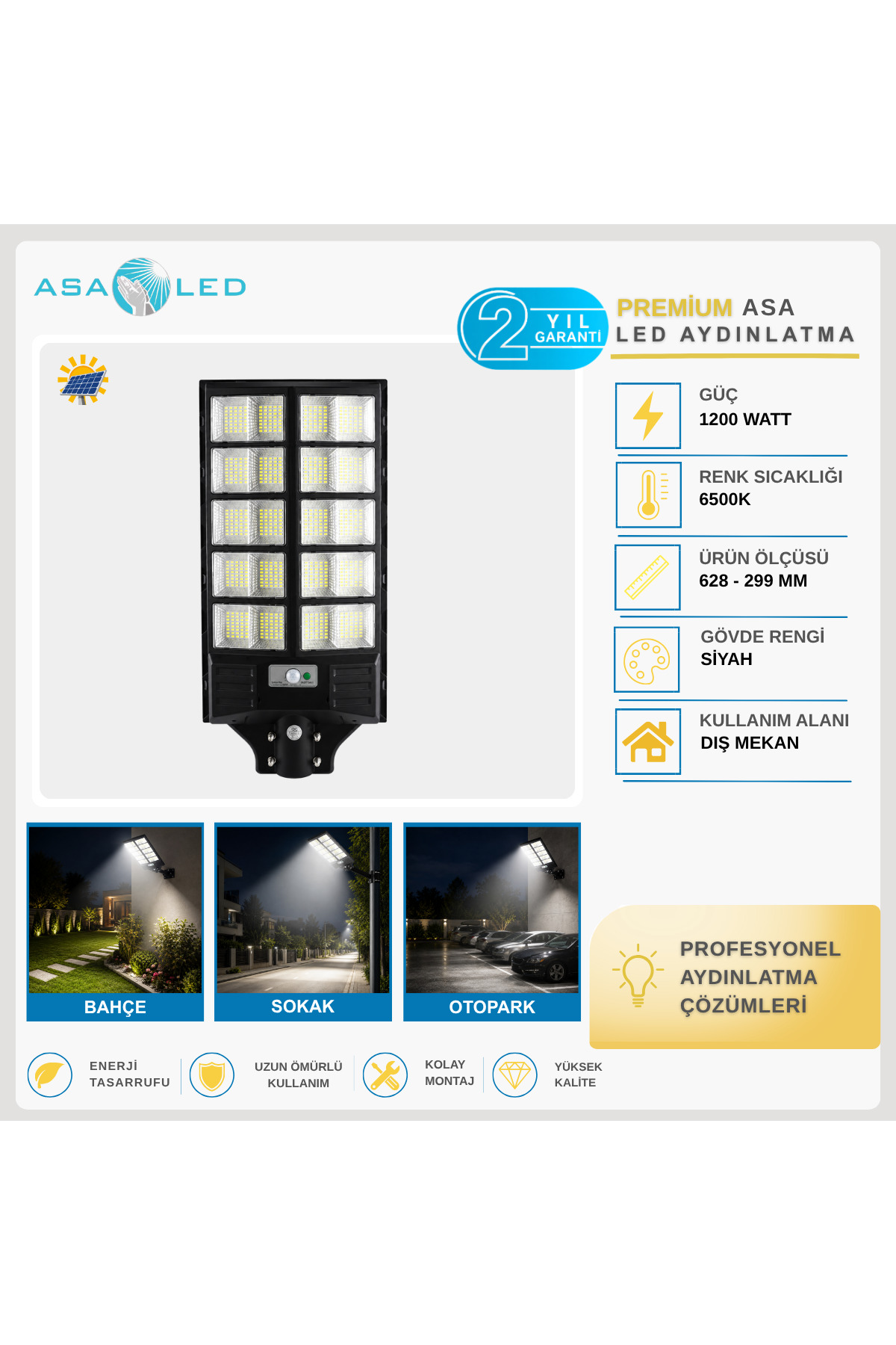 Hero 1200W Güneş Enerjili Sensörlü Solar LED Sokak Armatürü 6500K