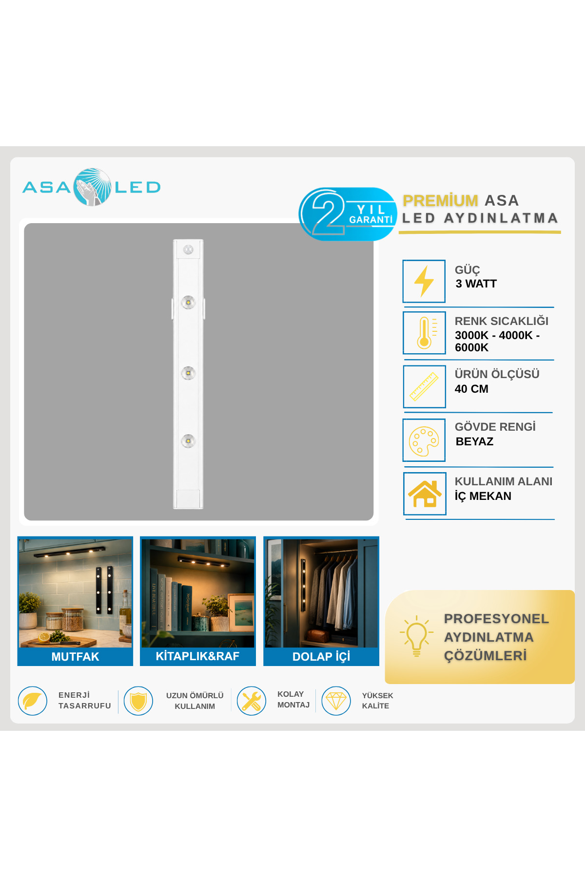 Lampist Bella Slim Cabinet 3W Hareket Sensörlü USB Şarjlı Dolap İçi LED – 40/60 cm