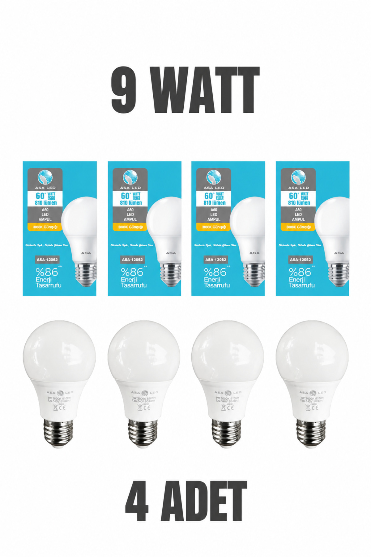 ASA LED 9W 810 Lümen E27 Ampul – 4’lü / 10’lu / 100’lü – 3000K / 6500K