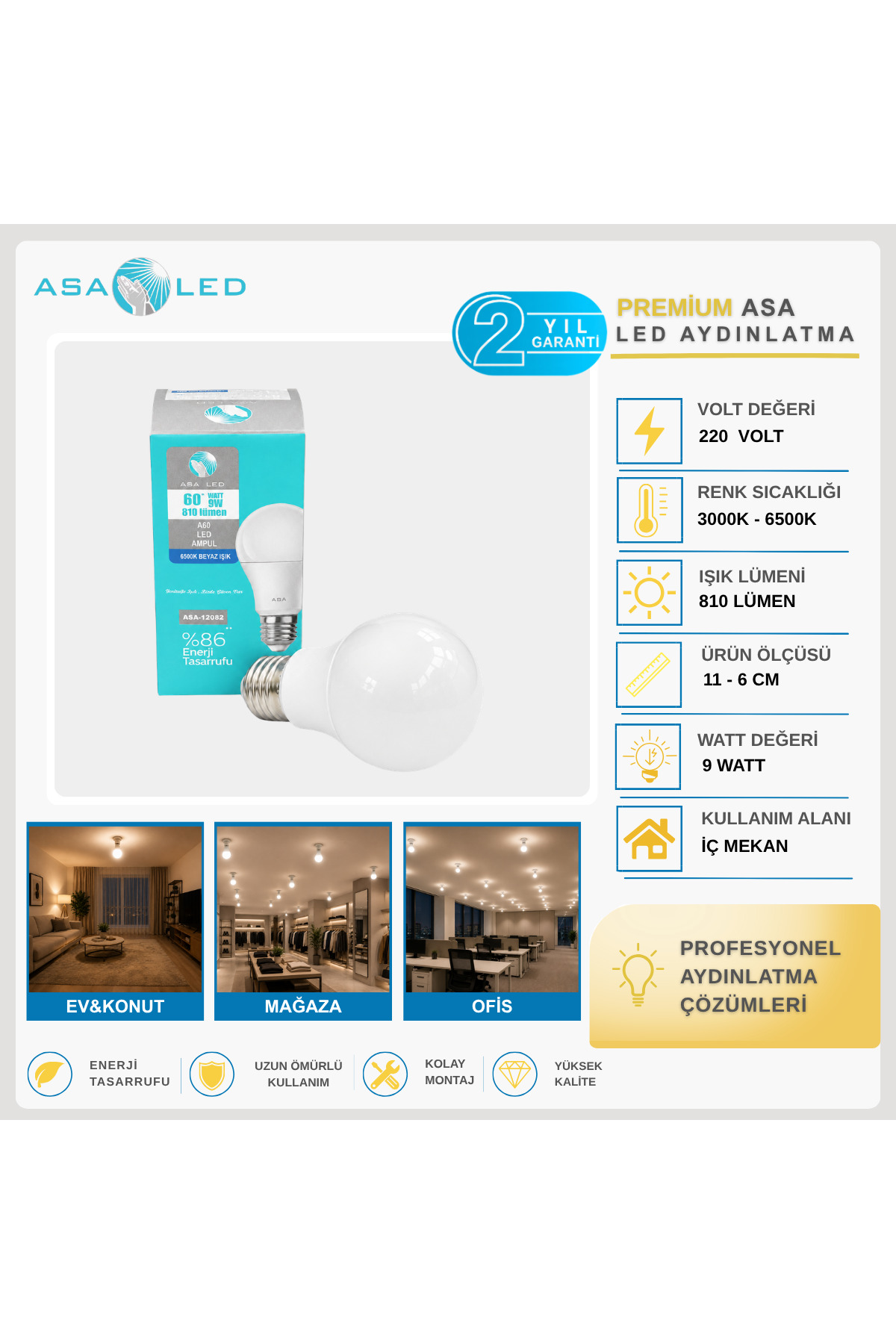 ASA LED 9W 810 Lümen E27 Ampul – 4’lü / 10’lu / 100’lü – 3000K / 6500K