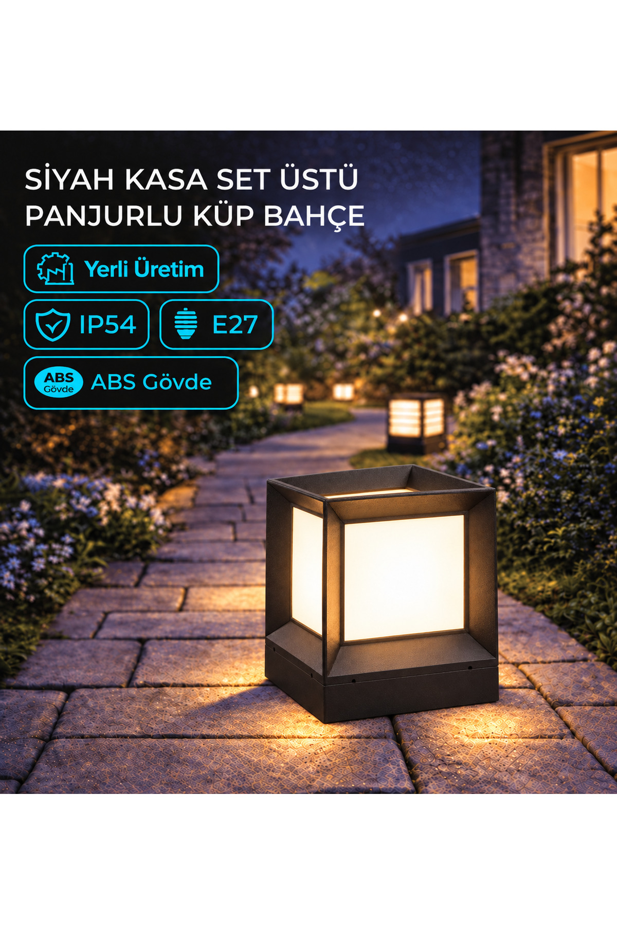 Siyah Kasa Damla Küp Fener Bahçe Armatürü – Düz / Panjurlu
