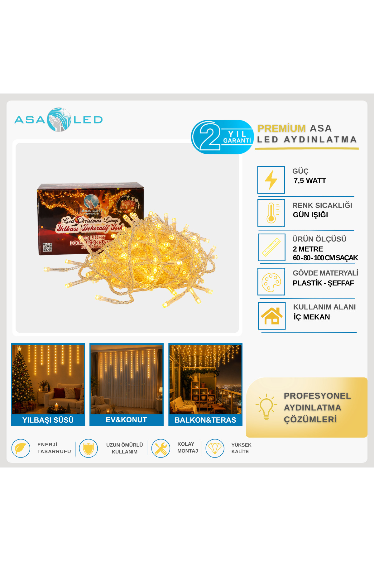 ASA Yılbaşı Süsü 2 Metre 100-80-60 cm Sarkıtlı İç Mekân Saçak Perde LED
