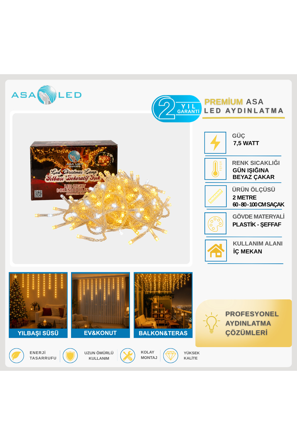 ASA Yılbaşı Süsü 2 Metre 100-80-60 cm Sarkıtlı İç Mekân Saçak Perde LED