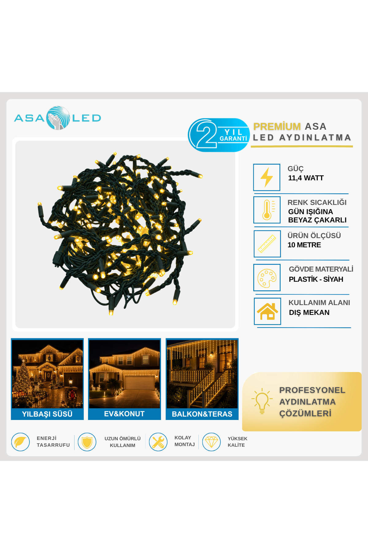 ASA Yılbaşı Süsü 10 Metre 100 LED Dış Mekân Dekoratif İp LED – Kablo ve Işık Seçenekli