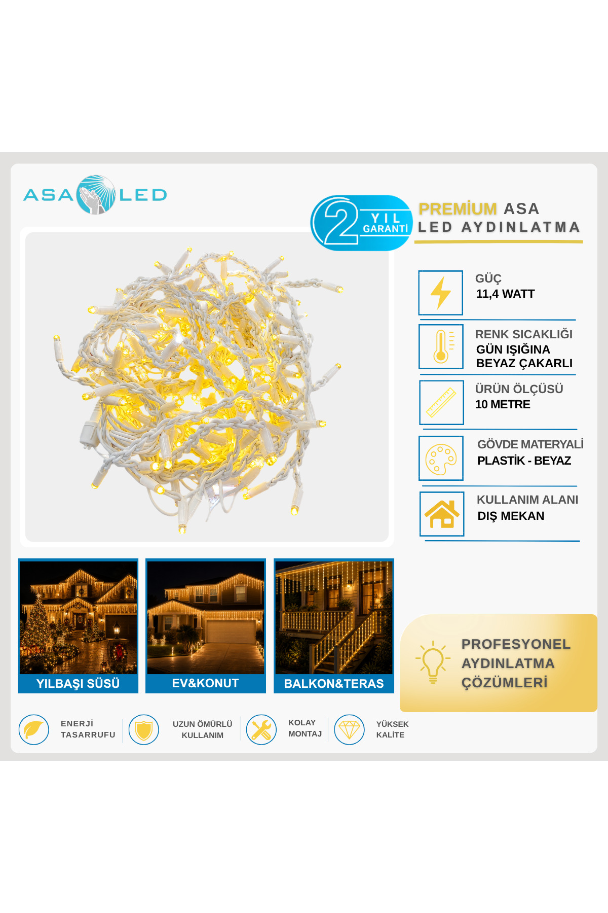 ASA Yılbaşı Süsü 10 Metre 100 LED Dış Mekân Dekoratif İp LED – Kablo ve Işık Seçenekli
