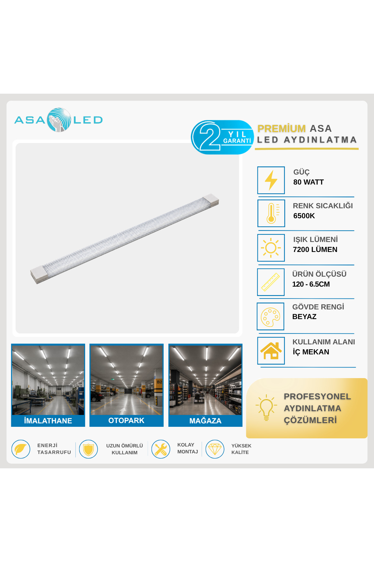 120 cm 80W Kristal LED Bant Armatür 6500K – 4’lü / 6’lı / 10’lu Paket