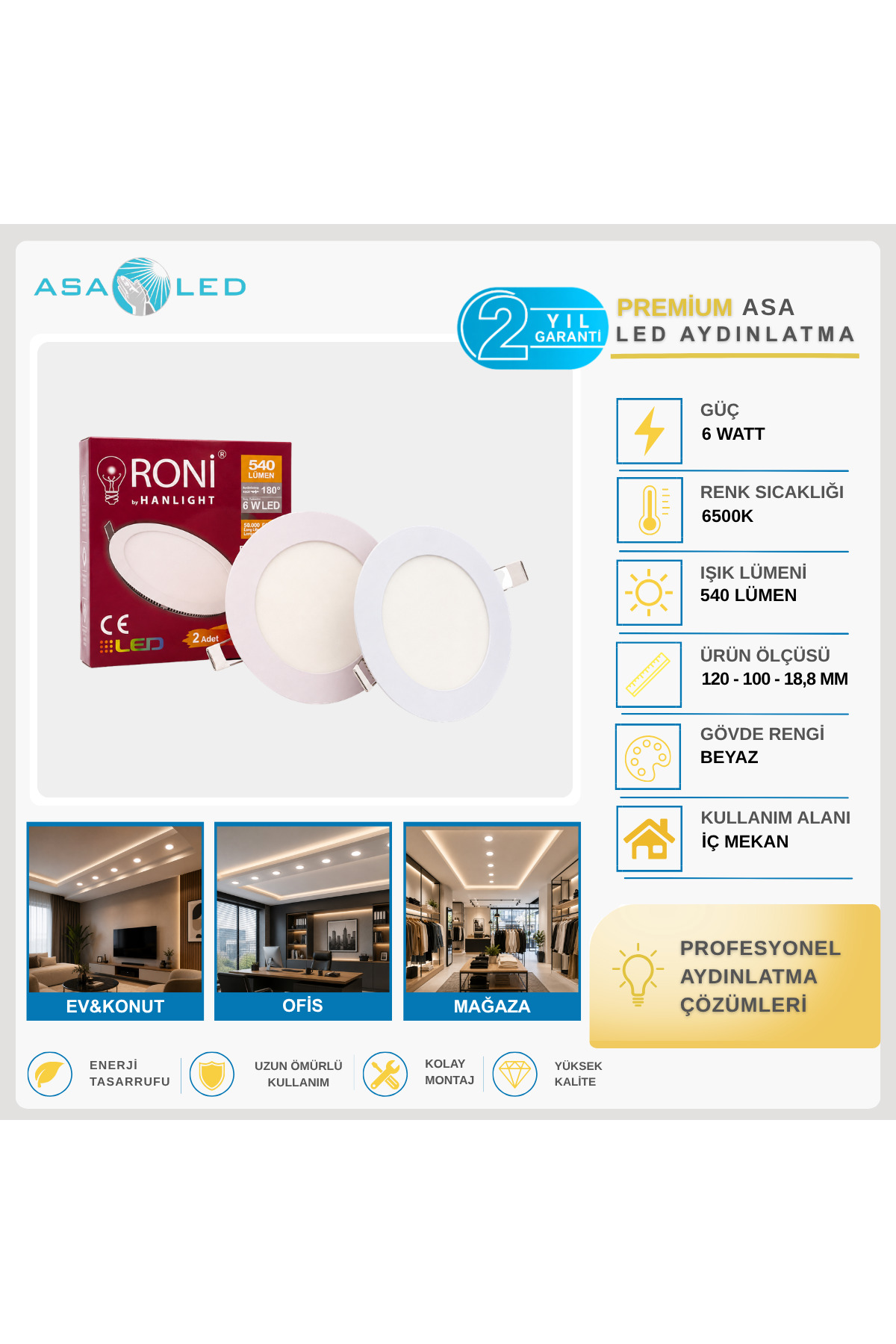 2 Adet 6W Yuvarlak Sıva Altı LED Panel 6500K Beyaz Işık