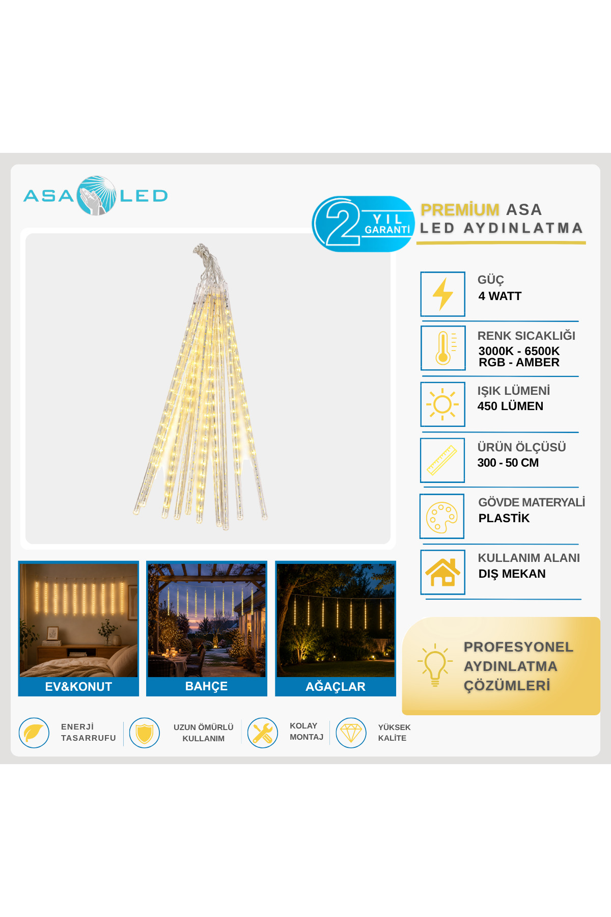 ASA Yılbaşı Süsü 10’lu 50 cm Meteor Yağmur Şelale Çubuk LED 3 Metre