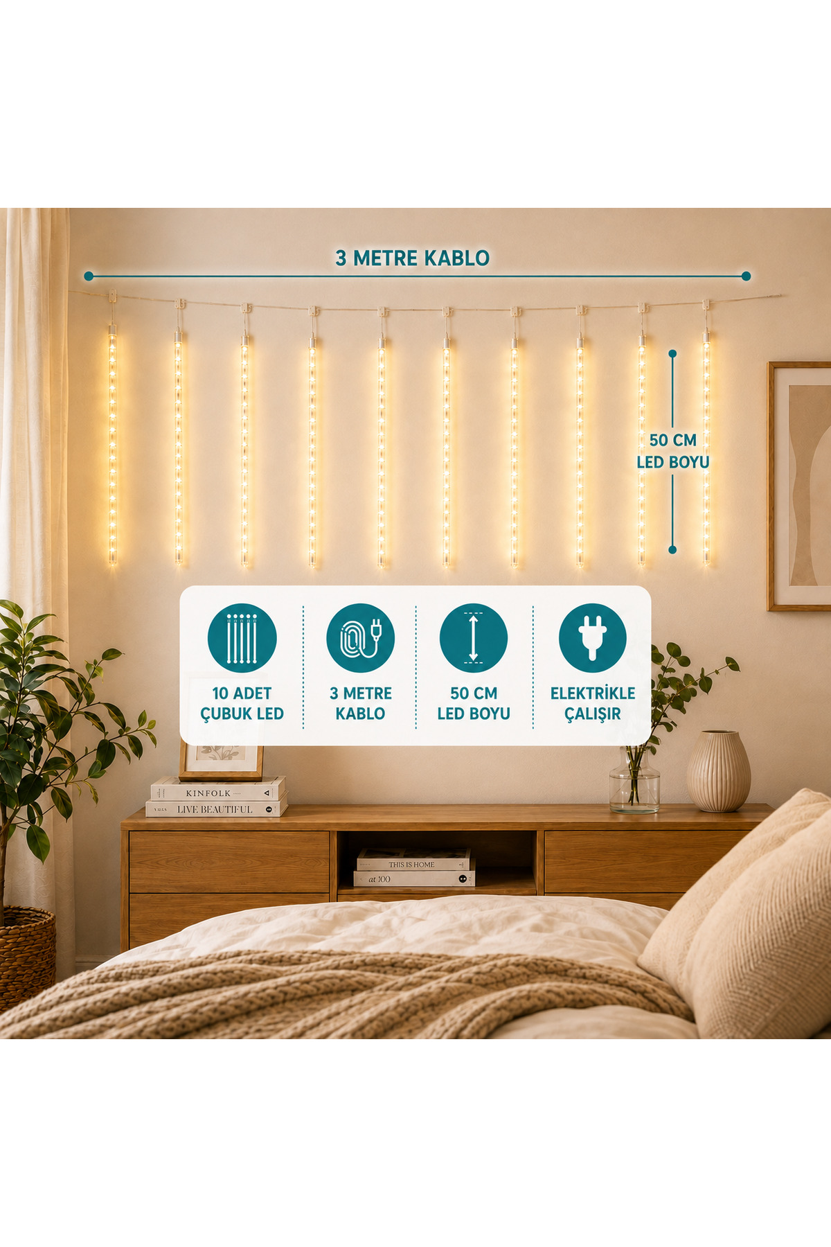 ASA Yılbaşı Süsü 10’lu 50 cm Meteor Yağmur Şelale Çubuk LED 3 Metre