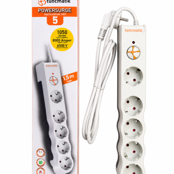 Powersurge 5’li Akım Korumalı Priz 1,5 Metre – 1050 Joule, 8000A, Çocuk Korumalı